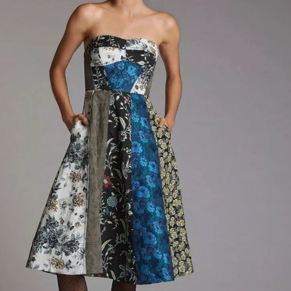 Anthropologie Blue and Silver Strapless A-line Dress